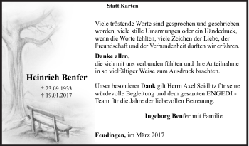 Traueranzeige von Heinrich Benfer von Siegener Zeitung