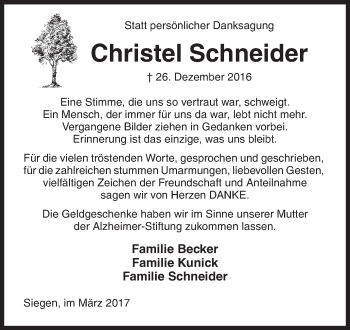 Traueranzeige von Christel Schneider von Siegener Zeitung