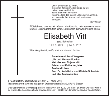 Traueranzeige von Elisabeth Vitt von Siegener Zeitung