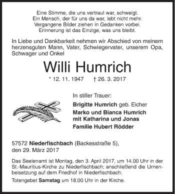 Traueranzeige von Willi Humrich von Siegener Zeitung