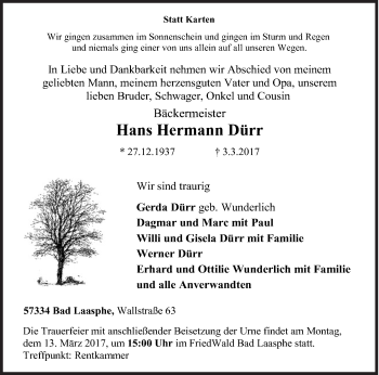Traueranzeige von Hans Hermann Dürr von Siegener Zeitung