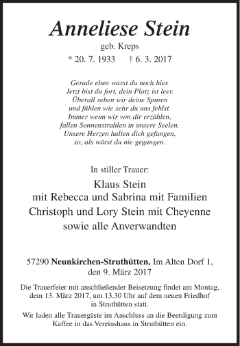 Traueranzeige von Anneliese Stein von Siegener Zeitung
