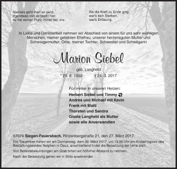 Traueranzeige von Marion Siebel von Siegener Zeitung