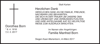 Traueranzeige von Dorothea Born von Siegener Zeitung