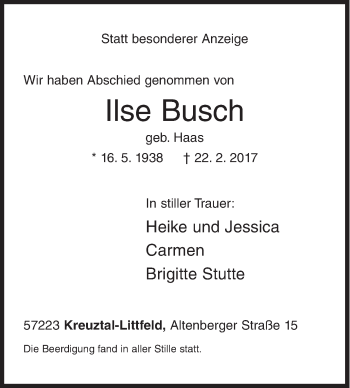 Traueranzeige von Ilse Busch von Siegener Zeitung