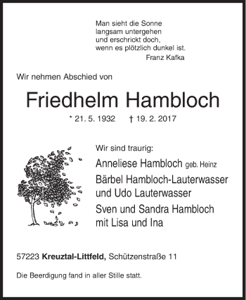 Traueranzeige von Friedhelm Hambloch von Siegener Zeitung