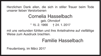 Traueranzeige von Cornelia Hasselbach von Siegener Zeitung
