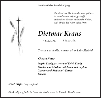 Traueranzeige von Dietmar Kraus von Siegener Zeitung