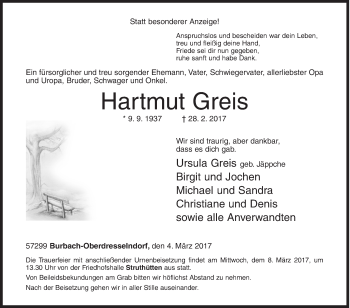 Traueranzeige von Hartmut Greis von Siegener Zeitung