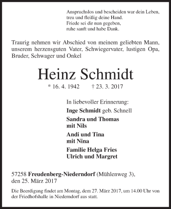 Traueranzeige von Heinz Schmidt von Siegener Zeitung