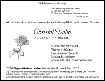 Traueranzeige von Christel Velte von Siegener Zeitung