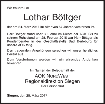 Traueranzeige von Lothar Böttger von Siegener Zeitung