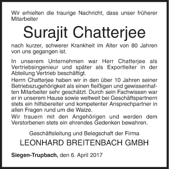 Traueranzeige von Surajit Chatterjee von Siegener Zeitung