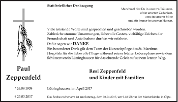 Traueranzeige von Paul Zeppenfeld von Siegener Zeitung
