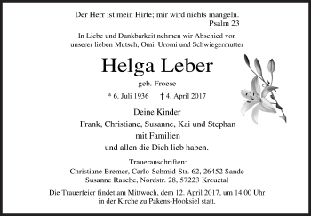 Traueranzeige von Helga Leber von Siegener Zeitung