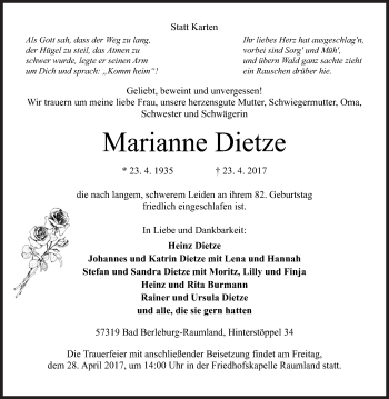 Traueranzeige von Marianne Dietze von Siegener Zeitung