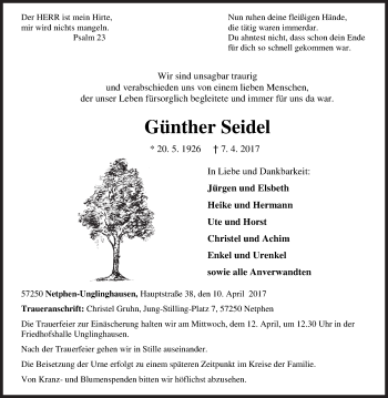 Traueranzeige von Günther Seidel von Siegener Zeitung