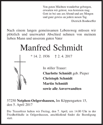 Traueranzeige von Manfred Schmidt von Siegener Zeitung
