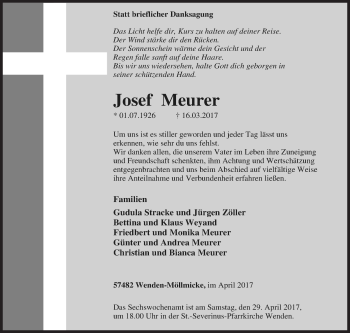Traueranzeige von Josef Meurer von Siegener Zeitung