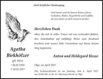 Traueranzeige von Agatha Birkhölzer von Siegener Zeitung