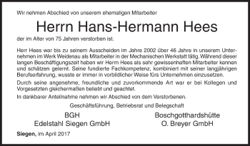 Traueranzeige von Hans-Hermann Hees von Siegener Zeitung