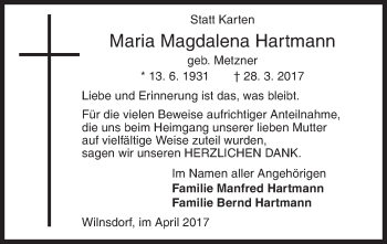 Traueranzeige von Maria Magdalena Hartmann von Siegener Zeitung