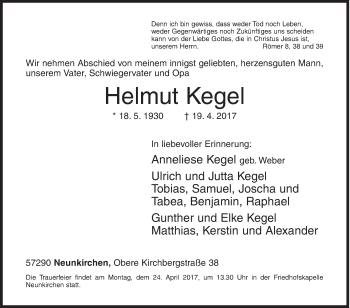 Traueranzeige von Helmut Kegel von Siegener Zeitung