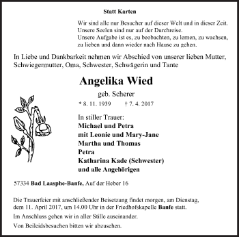 Traueranzeige von Angelika Wied von Siegener Zeitung