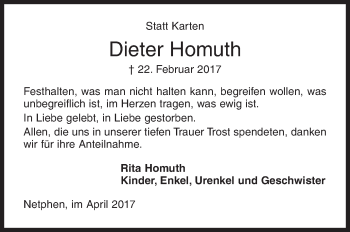 Traueranzeige von Dieter Homuth von Siegener Zeitung