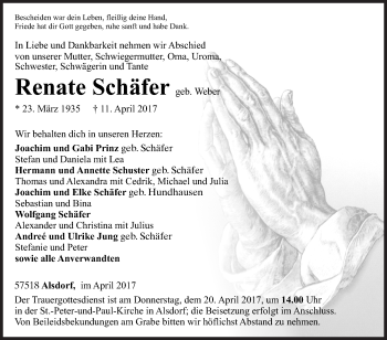 Traueranzeige von Renate Schäfer von Siegener Zeitung