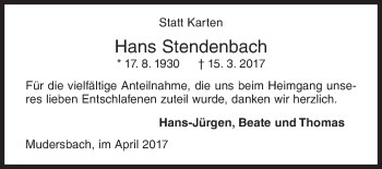 Traueranzeige von Hans Stendenbach von Siegener Zeitung