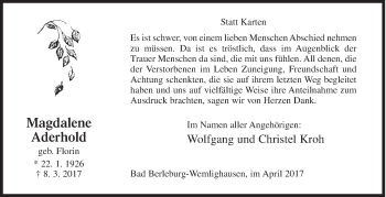 Traueranzeige von Magdalene Aderhold von Siegener Zeitung