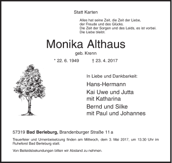 Traueranzeige von Monika Althaus von Siegener Zeitung