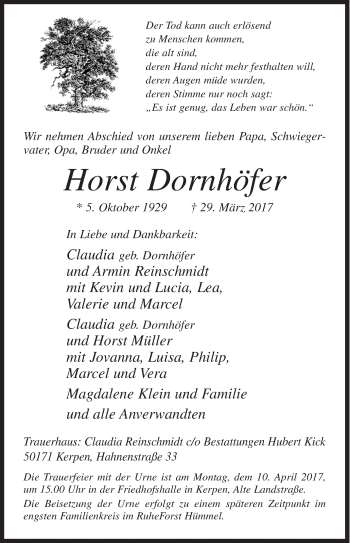 Traueranzeige von Horst Dornhöfer von Siegener Zeitung