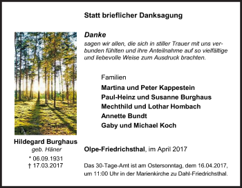 Traueranzeige von Hildegard Burghaus von Siegener Zeitung