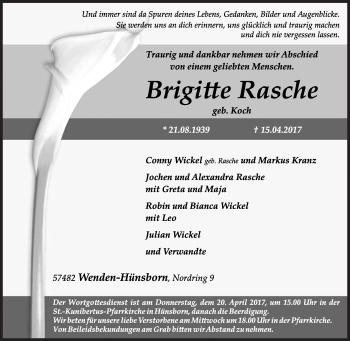 Traueranzeige von Brigitte Rasche von Siegener Zeitung