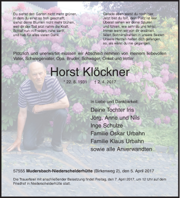 Traueranzeige von Horst Klöckner von Siegener Zeitung
