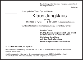 Traueranzeige von Klaus Jungklaus von Siegener Zeitung