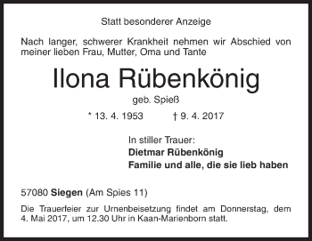 Traueranzeige von Ilona Rübenkönig von Siegener Zeitung