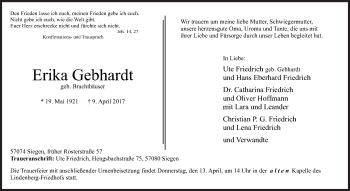 Traueranzeige von Erika Gebhardt von Siegener Zeitung
