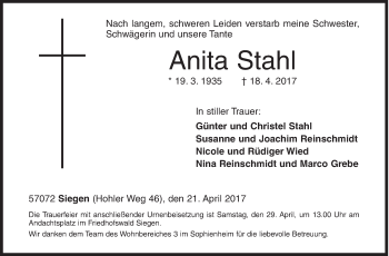 Traueranzeige von Anita Stahl von Siegener Zeitung