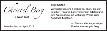 Traueranzeige von Christel Berg von Siegener Zeitung