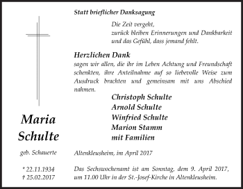 Traueranzeige von Maria Schulte von Siegener Zeitung