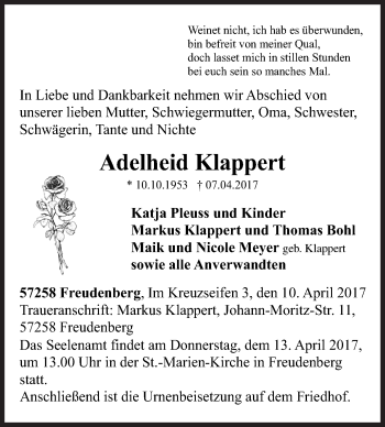 Traueranzeige von Adelheid Klappert von Siegener Zeitung