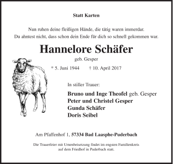 Traueranzeige von Hannelore Schäfer von Siegener Zeitung