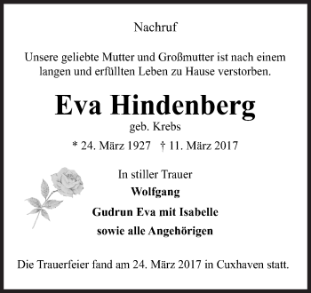 Traueranzeige von Eva Hindenberg von Siegener Zeitung