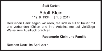 Traueranzeige von Adolf Klein von Siegener Zeitung