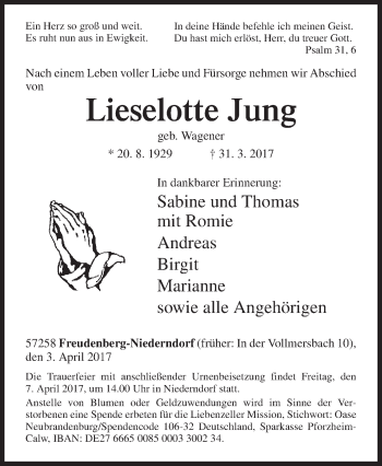 Traueranzeige von Lieselotte Jung von Siegener Zeitung