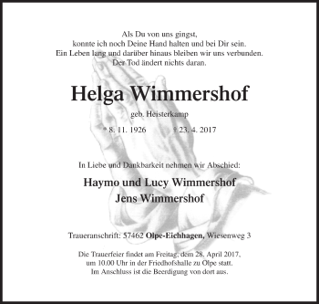 Traueranzeige von Helga Wimmershof von Siegener Zeitung