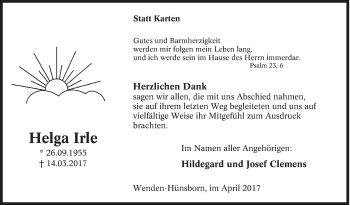 Traueranzeige von Helga Irle von Siegener Zeitung